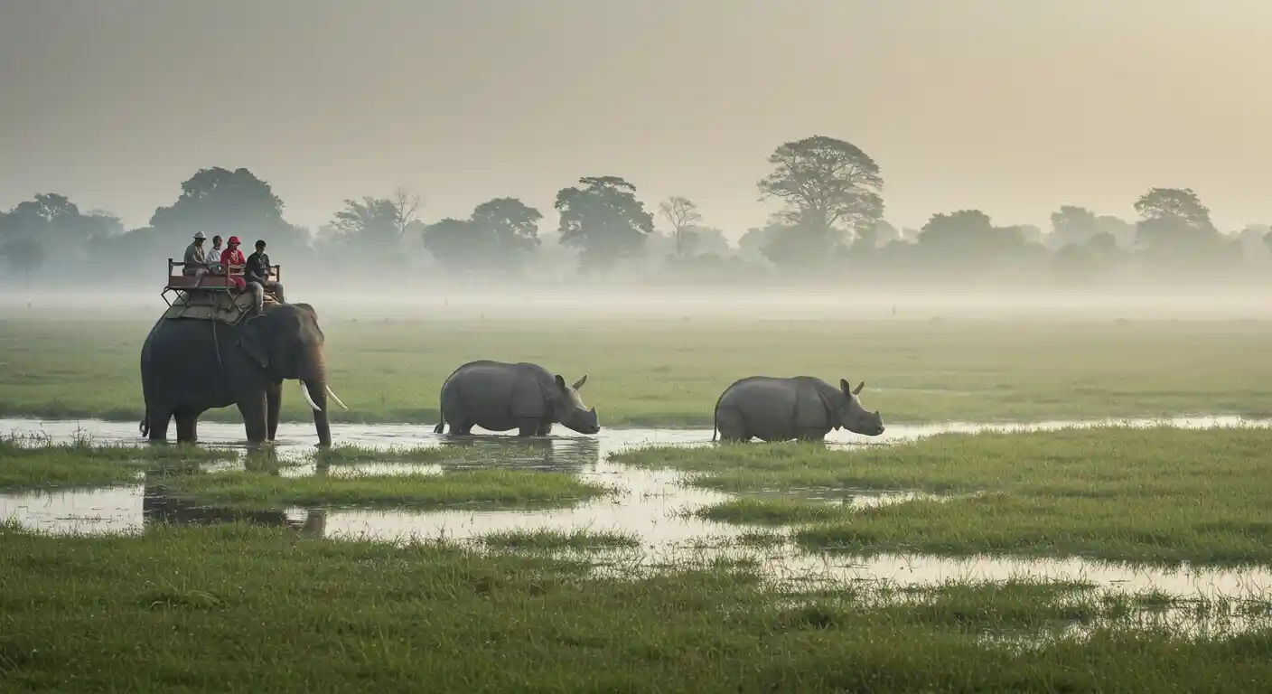 Elephants carrying tourists during Dudhwa Adventure Safari in Dudhwa National Park Uttar Pradesh, part of a 3 Nights 4 Days wildlife expedition across Dudhwa Kishanpur and Sathiyana zones.
