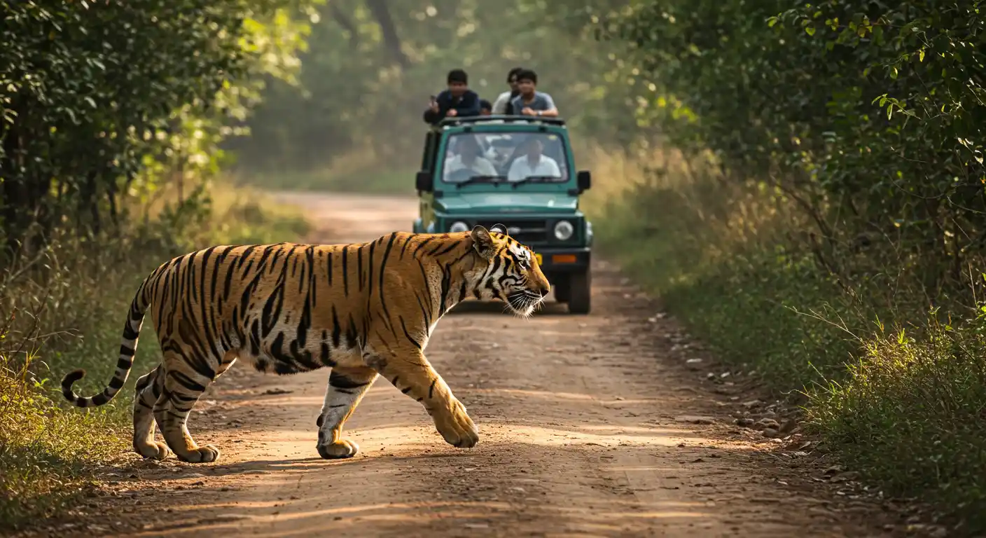 Tiger walking near jeep during Dudhwa Holiday Tour in Dudhwa National Park Uttar Pradesh, a 2 Nights 3 Days wildlife safari package covering Dudhwa and Kishanpur zones.