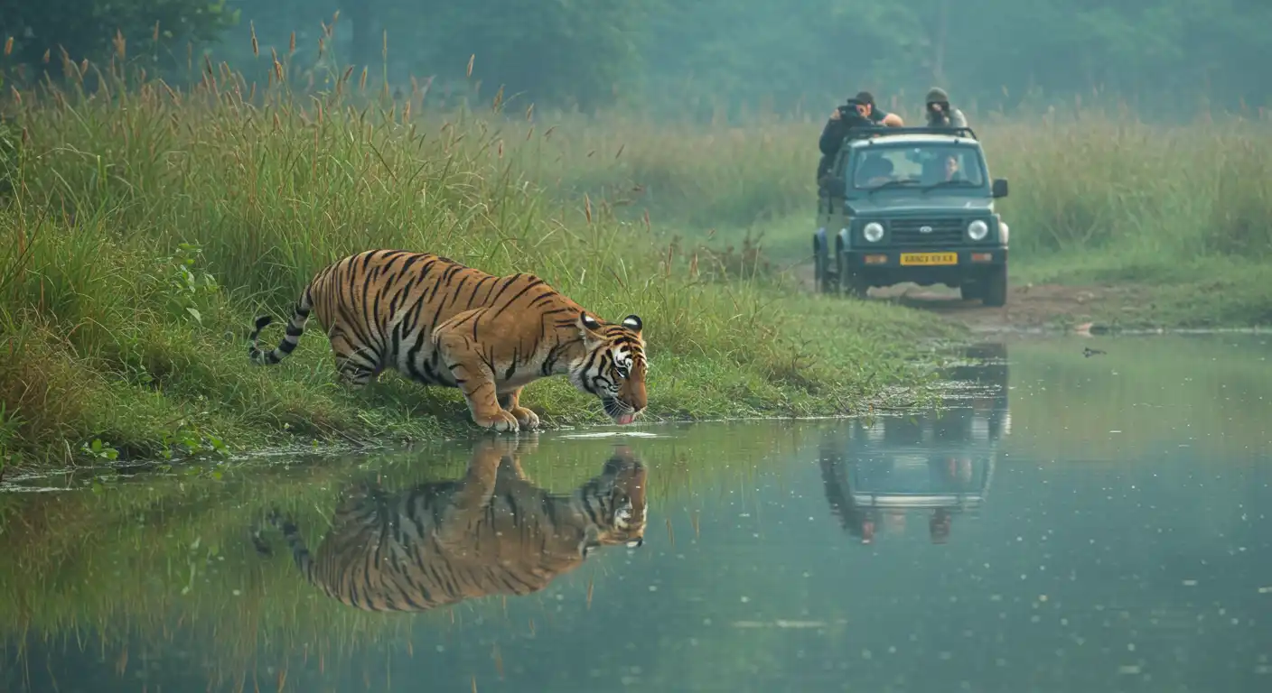 Tiger walking near a safari jeep in the Dudhwa Zone core area inside Dudhwa National Park
