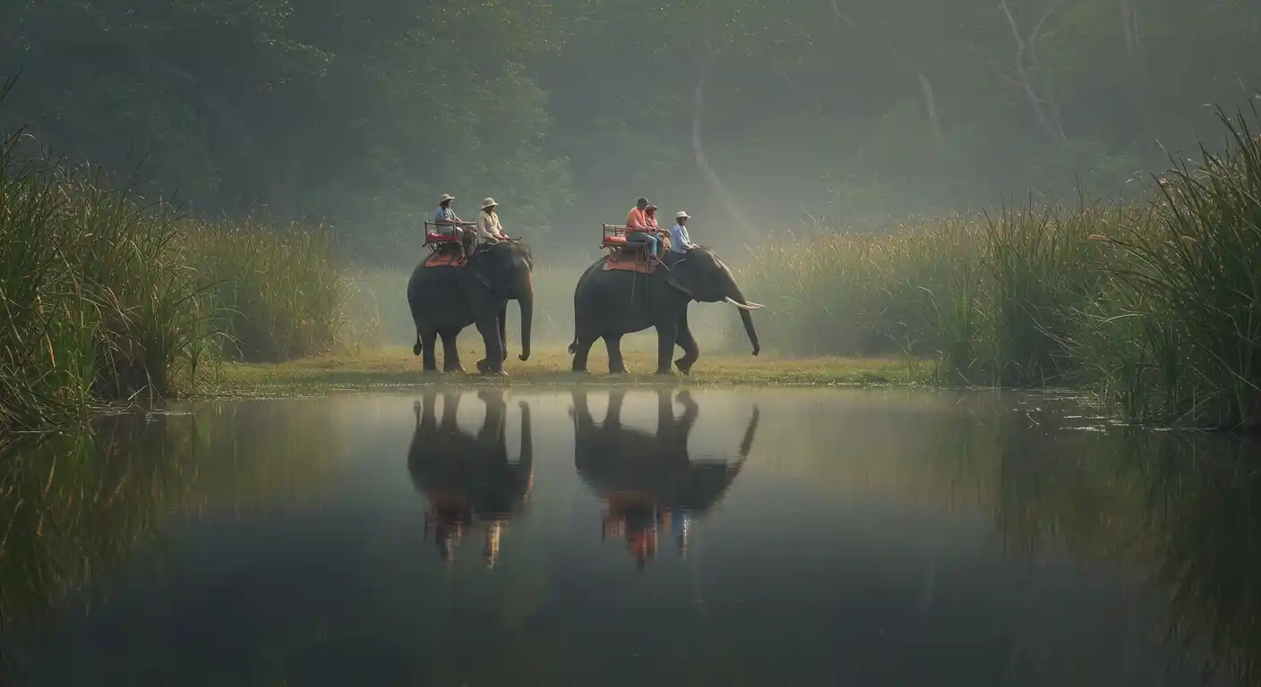 Indian one-horned rhinoceros grazing near swampy grasslands in Dudhwa National Park