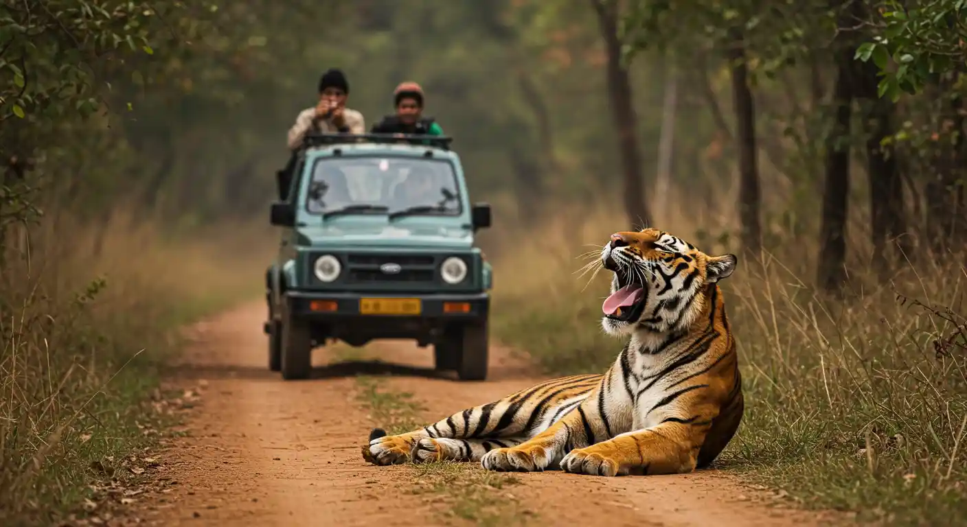 Tourists on official jeep safari in Dudhwa Tiger Reserve spotting Bengal tiger along sal forest trail