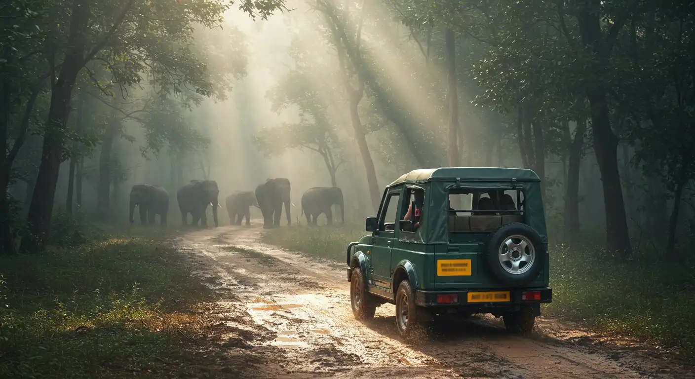 Tourists on a jeep safari in Dudhwa National Park Uttar Pradesh during the Weekend Safari tour, exploring sal forests and grasslands.