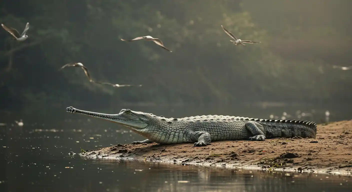 Gharial in shallow waters of Katarniaghat Wildlife Sanctuary, Geruwa River, Dudhwa Tiger Reserve landscape.