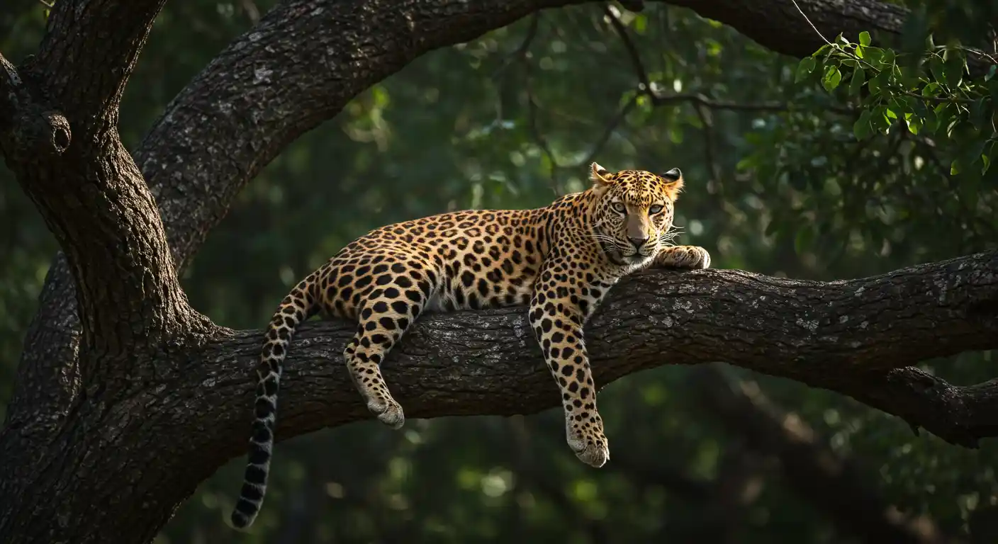 Leopard resting on sal tree branch inside Kishanpur Sanctuary near Dudhwa National Park.
