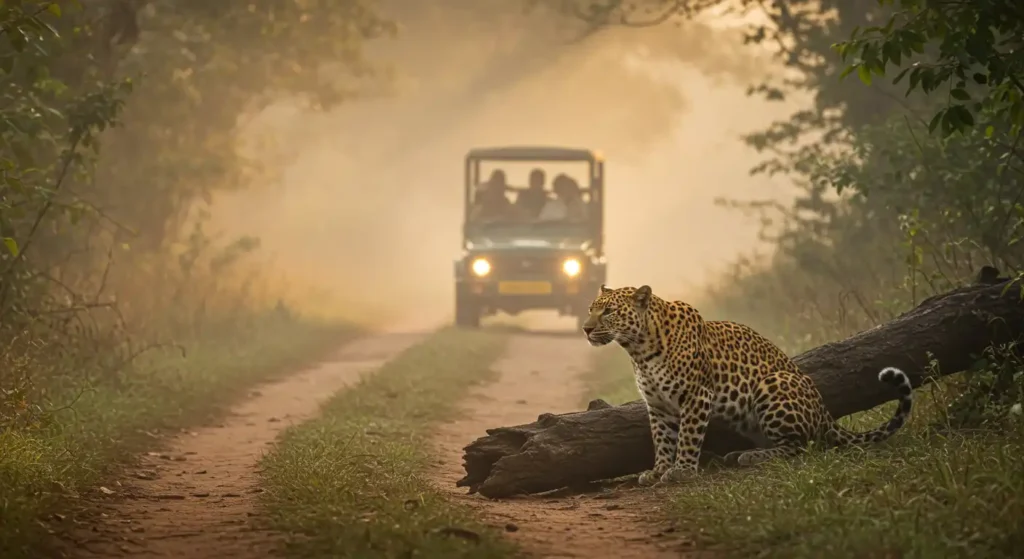 Leopard crossing safari trail in Kishanpur Wildlife Sanctuary, part of Dudhwa Tiger Reserve