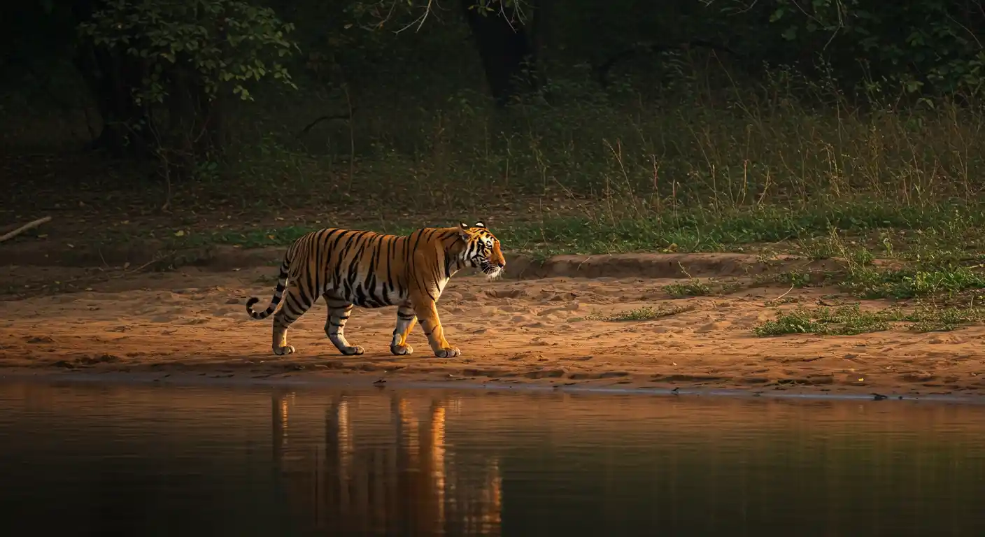 Tiger walking through tall grass during morning light in Pilibhit Tiger Reserve near Dudhwa.
