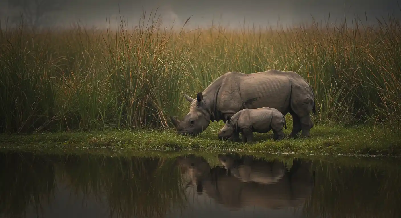Indian one-horned rhinoceros grazing near swampy grasslands in Dudhwa National Park