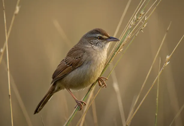 Small bird perched on tall grass at sunrise near wetland area — Dudhwa hosts 450+ bird species including Bengal Florican.