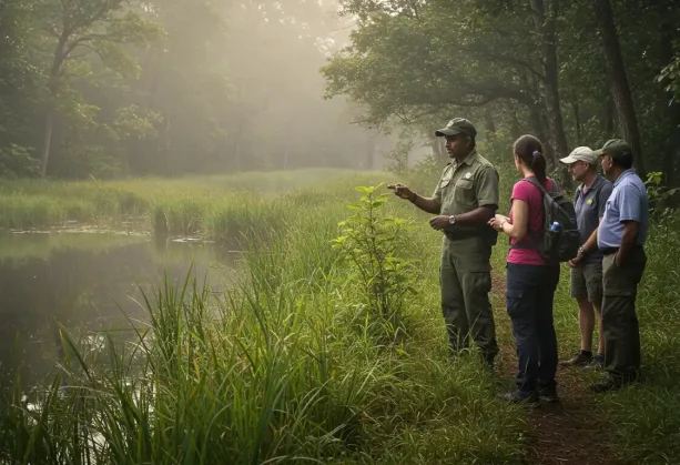 Visitors walking with local Tharu guide on forest eco-trail beside riverbank inside Dudhwa Tiger Reserve.