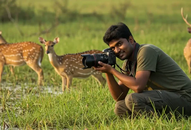 Wildlife photographer capturing deer in Dudhwa’s golden-hour Terai grasslands.